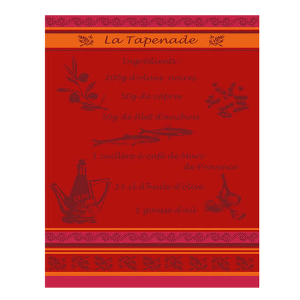 Torchon rectangle coton tissé jacquard Recette Tapenade Rouge 50 cm X 70 cm