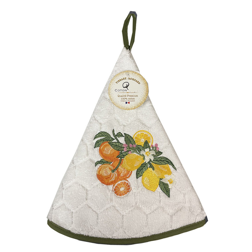 Essuie main rond en éponge coton jacquard qualité premium agrume Blanc