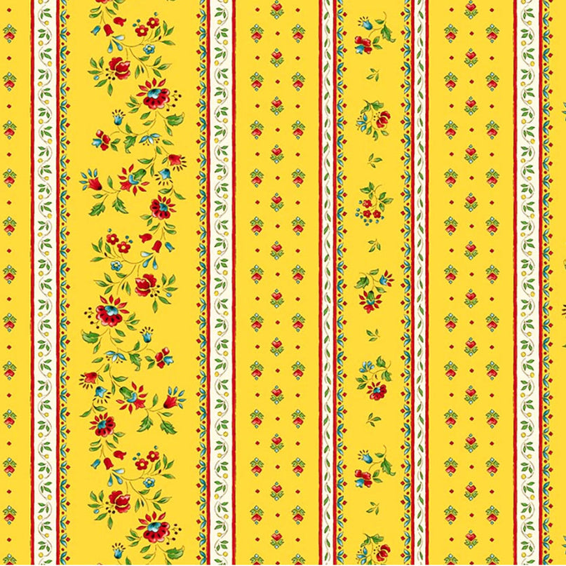 Tissu au mètre coton provençale Figuerolles jaune rouge rayure en 160 cm de large