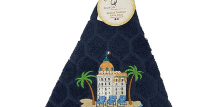 Essuie main rond en éponge coton jacquard qualité premium Nice Negresco bleu marine