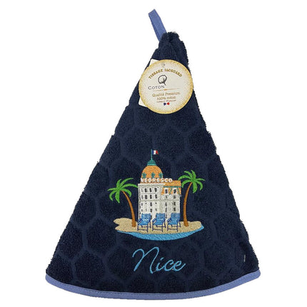 Essuie main rond en éponge coton jacquard qualité premium Nice Negresco bleu marine