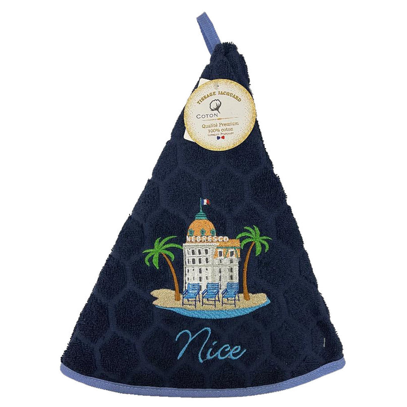 Essuie main rond en éponge coton jacquard qualité premium Nice Negresco bleu marine