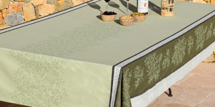 Nappe Provençale Rectangulaire Coton Jacquard Téflon Olives Vertes Double Bordure 2m x 1m60