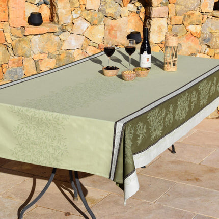 Nappe Provençale Rectangulaire Coton Jacquard Téflon Olives Vertes Double Bordure 2m x 1m60