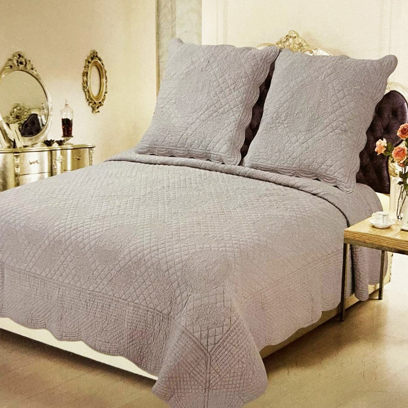 Couvre lit Boutis Bastidon gris coton avec 2 taies d'oreiller 2m60 x 2m60