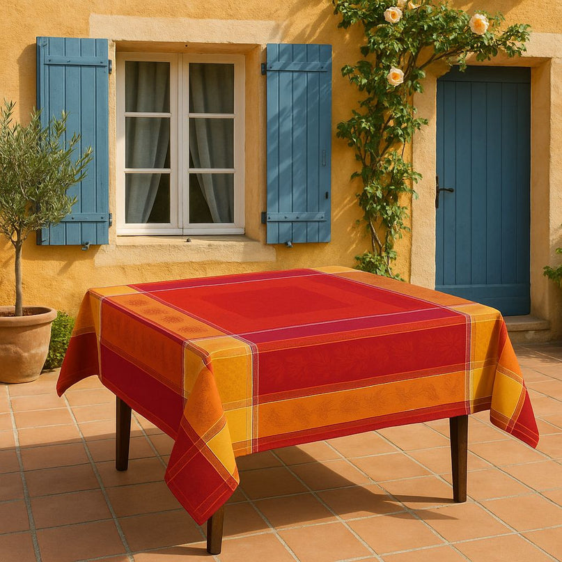 Nappe carrée coton tissée jacquard traitée téflon Olea garance 1m60 x 1m60