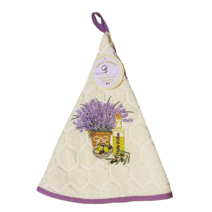 Essuie main rond en éponge Tissage Jacquard lavande et huile d'olive ecru Qualité Premium