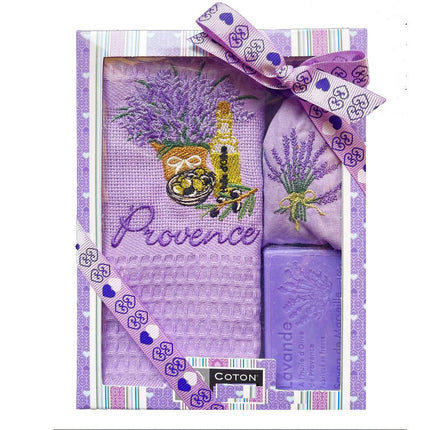 Coffret Torchon parme brodé lavande et huile d'olive  et savon et sachet de lavande