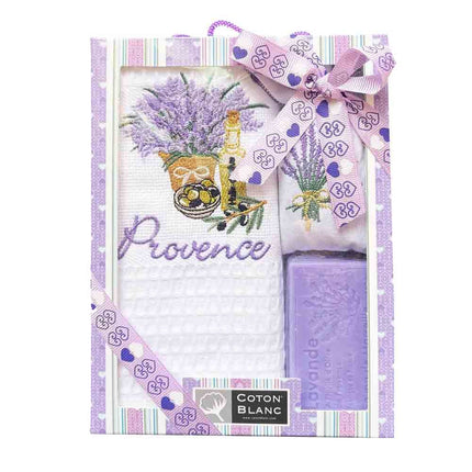 Coffret Torchon coton nid d'abeille blanc et savon lavande et sachet de lavande