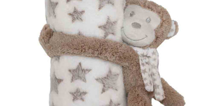 Doudou Singe en peluche et Plaid Douillet Étoiles 100 X 75 cm Bébé
