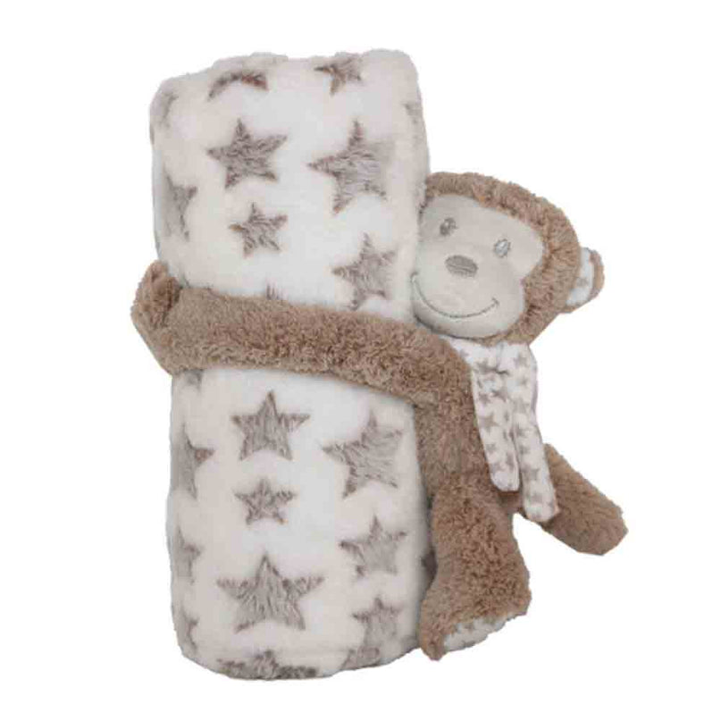 Doudou Singe en peluche et Plaid Douillet Étoiles 100 X 75 cm Bébé