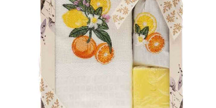 Coffret Torchon coton nid d’abeille blanc brodé agrumes + Savon lavande + Sachet de lavande