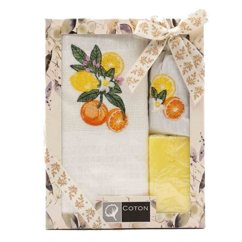 Coffret Torchon coton nid d’abeille blanc brodé agrumes + Savon lavande + Sachet de lavande
