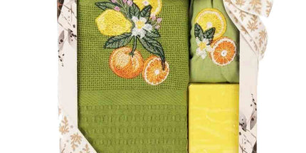 Coffret Torchon coton nid d’abeille vert brodé agrumes + Savon lavande + Sachet de lavande