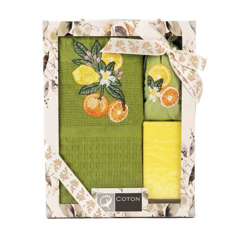 Coffret Torchon coton nid d’abeille vert brodé agrumes + Savon lavande + Sachet de lavande