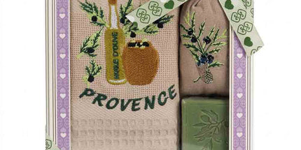 Coffret Provençal – Torchon brodé huile d'olive beige, savon & sachet de lavande