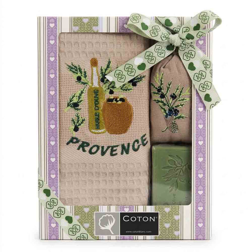 Coffret Provençal – Torchon brodé huile d'olive beige, savon & sachet de lavande