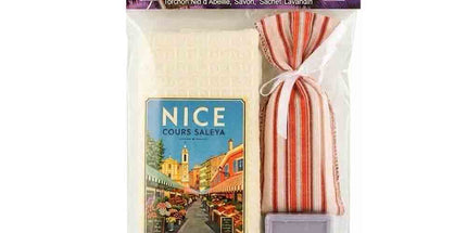Coffret cadeau Nice Cours Saleya avec torchon nid d’abeille écru, savon et sachet de lavandin