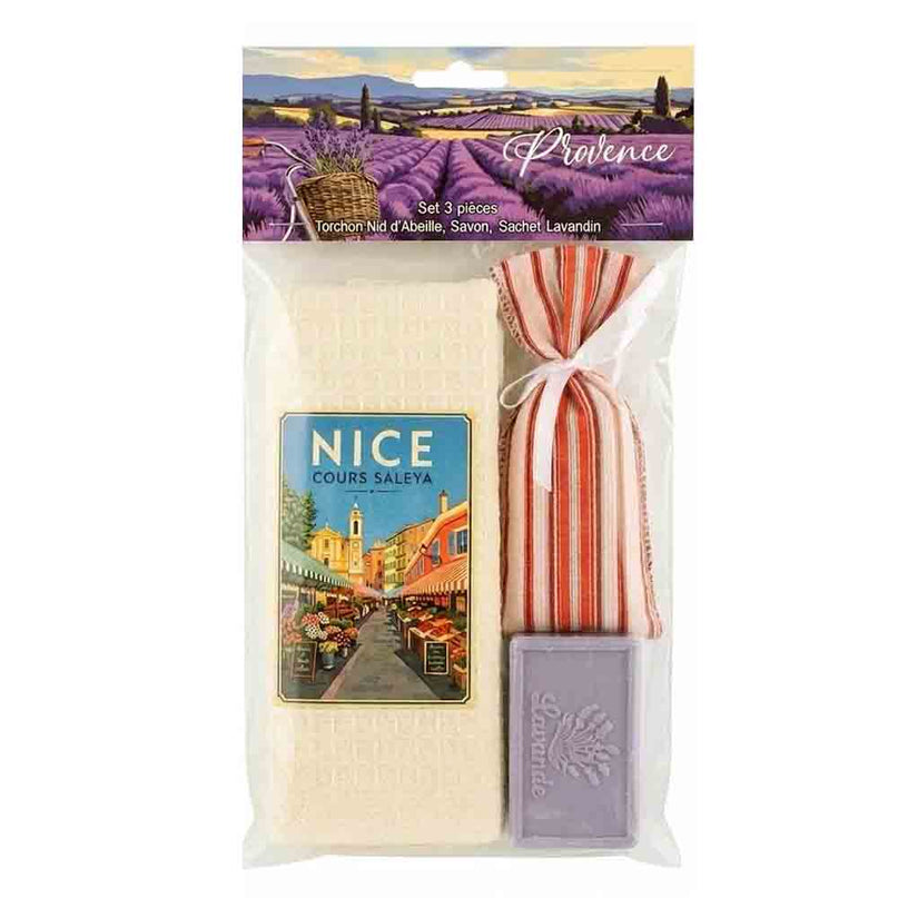 Coffret cadeau Nice Cours Saleya avec torchon nid d’abeille écru, savon et sachet de lavandin