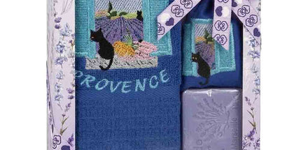 Coffret Torchon coton nid d’abeille bleu brodé chat en Provence + Savon lavande + Sachet de lavande