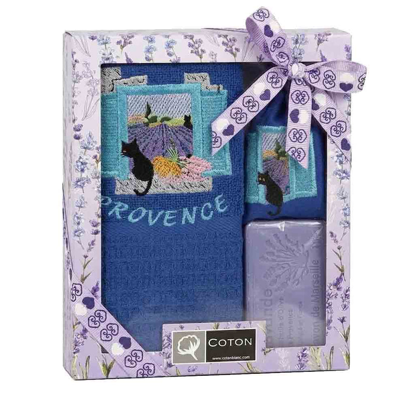Coffret Torchon coton nid d’abeille bleu brodé chat en Provence + Savon lavande + Sachet de lavande