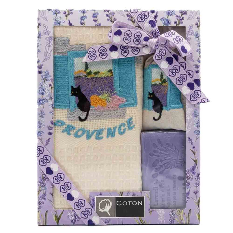 Coffret Torchon coton nid d’abeille écru brodé chat en Provence + Savon lavande + Sachet de lavande