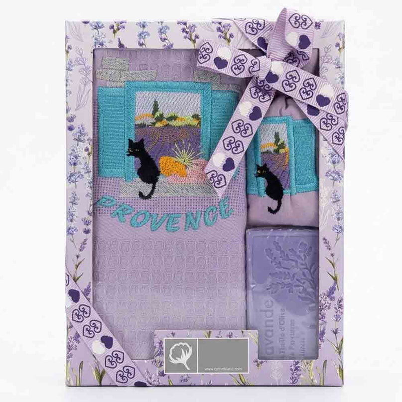 Coffret Torchon coton nid d’abeille parme brodé chat en Provence + Savon lavande + Sachet de lavande