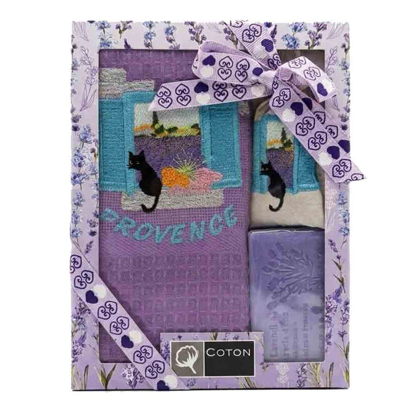 Coffret Torchon coton nid d’abeille violet brodé chat en Provence + Savon lavande + Sachet de lavande