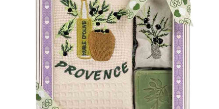 Coffret Provençal – Torchon brodé huile d'olive écru, savon & sachet de lavande