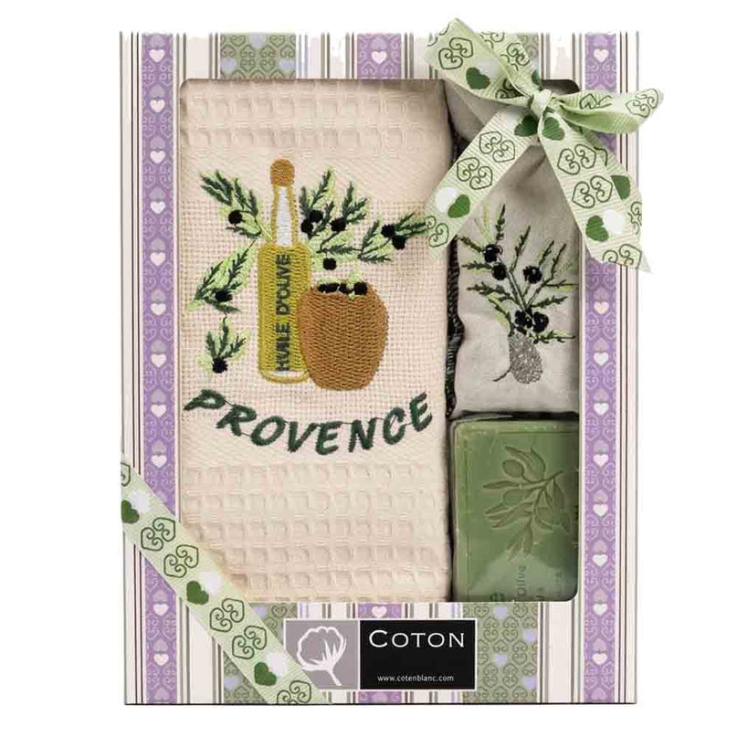 Coffret Provençal – Torchon brodé huile d'olive écru, savon & sachet de lavande