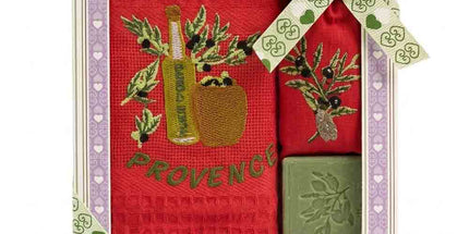 Coffret Provençal – Torchon brodé huile d'olive rouge, savon & sachet de lavande