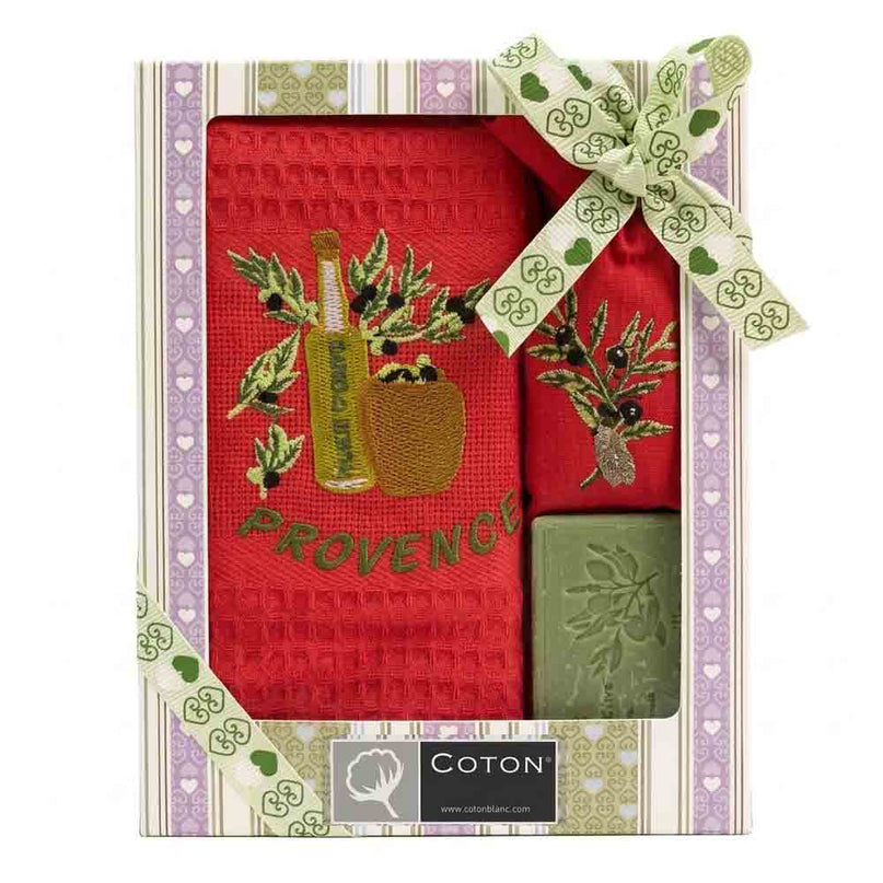 Coffret Provençal – Torchon brodé huile d'olive rouge, savon & sachet de lavande