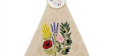 Essuie main rond en éponge coton beige Provence Tissage Jacquard brodé Bouquet du Sud qualité premium