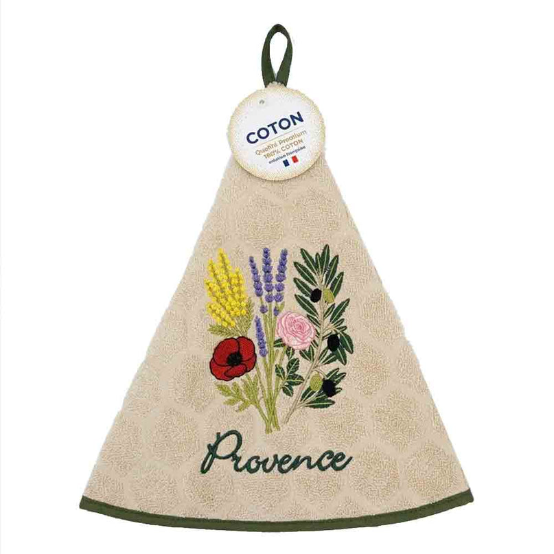 Essuie main rond en éponge coton beige Provence Tissage Jacquard brodé Bouquet du Sud qualité premium