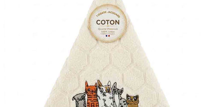 Essuie main rond en éponge coton écru Tissage Jacquard brodé Chat Gribouille qualité premium