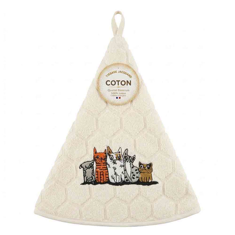 Essuie main rond en éponge coton écru Tissage Jacquard brodé Chat Gribouille qualité premium