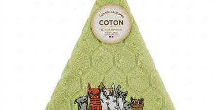 Essuie main rond en éponge coton vert pomme Tissage Jacquard brodé Chat Gribouille qualité premium