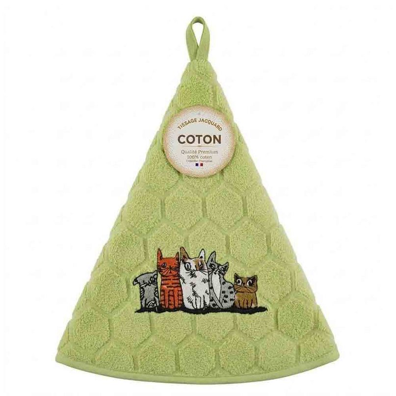Essuie main rond en éponge coton vert pomme Tissage Jacquard brodé Chat Gribouille qualité premium