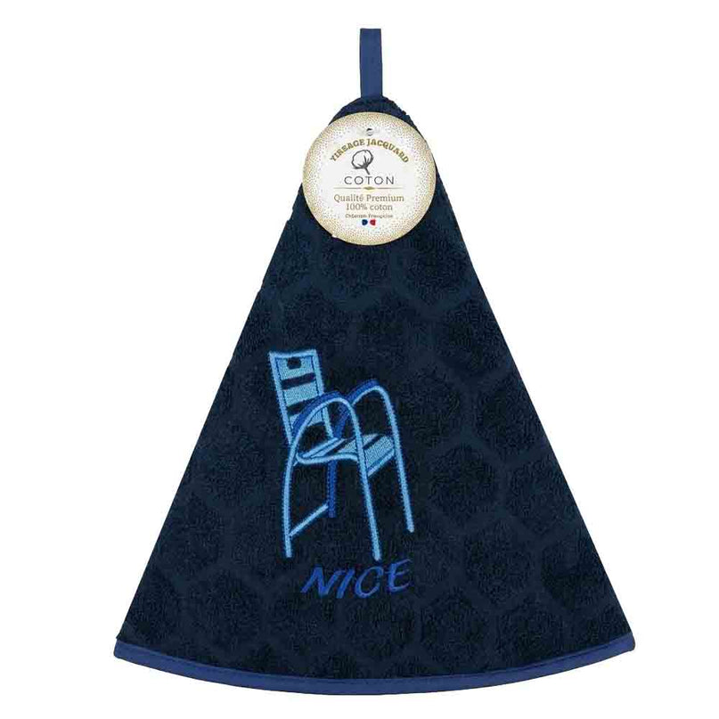 Essuie-main rond en coton éponge bleu marine brodé chaise bleue Nice – Tissage jacquard qualité premium