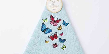 Essuie-main rond en éponge jacquard papillons bleu ciel 100% Coton Premium
