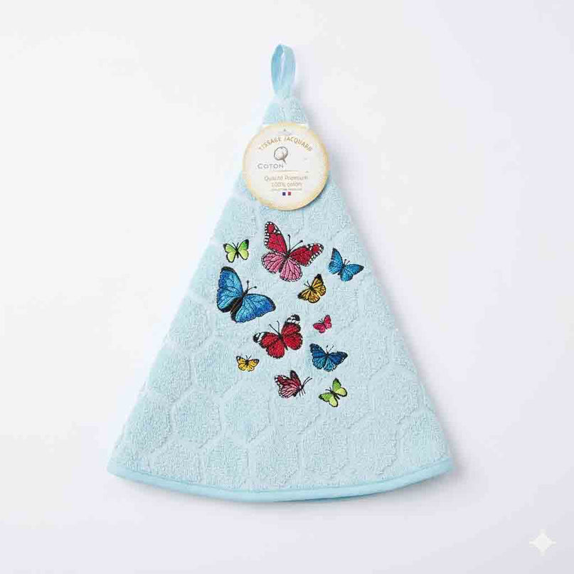 Essuie main rond en éponge coton jacquard qualité premium papillons bleu ciel