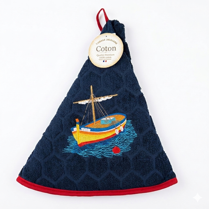 Essuie main rond en éponge Tissage Jacquard Pointu bleu marine Qualité Premium