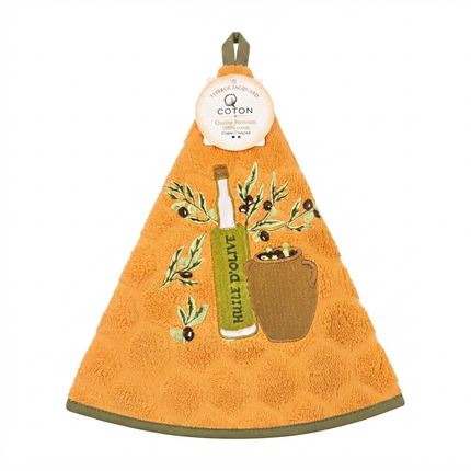 Essuie-main rond éponge jacquard brodé huile d'olive et jarre – orange – 35 x 70 cm