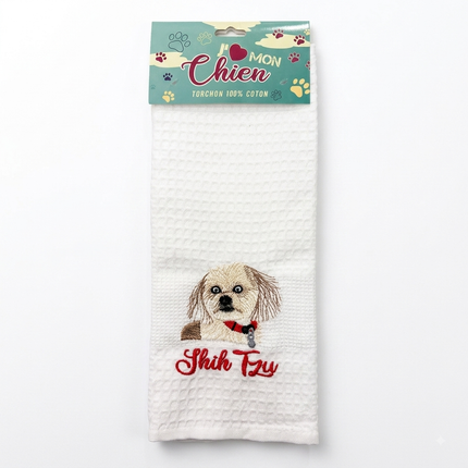 Torchon nid d'abeille brodé Shih Tzu 50x70 cm