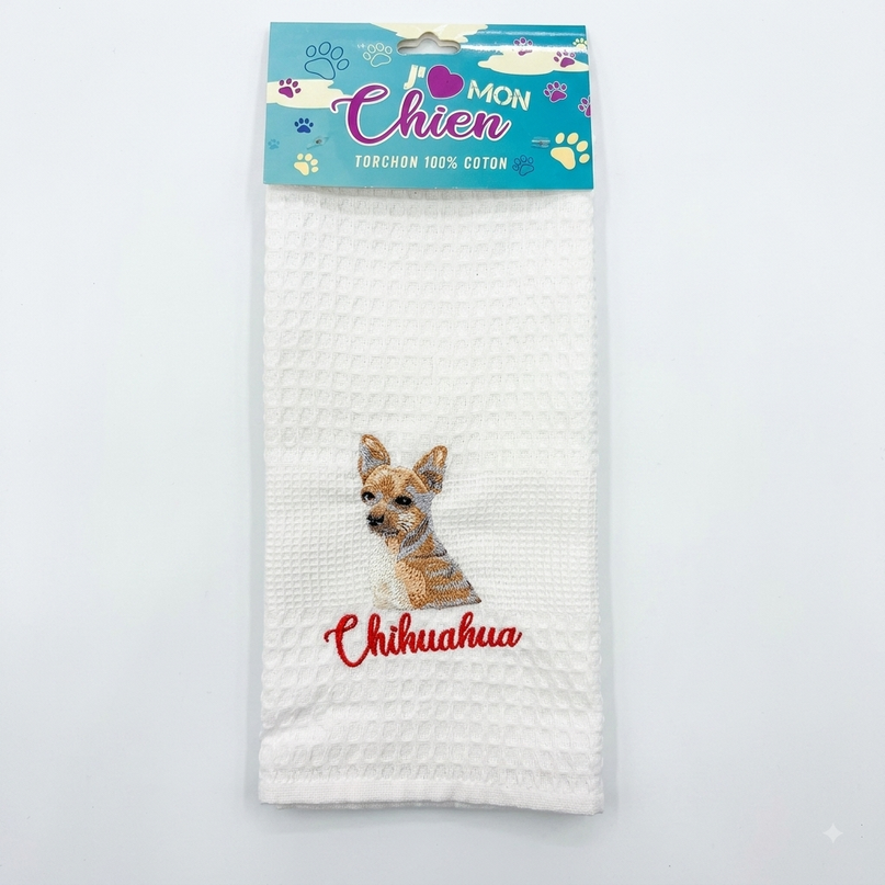 Torchon Nid d'Abeille 50 x 70 cm Coton Brodé Chihuahua