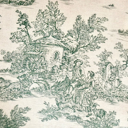 Tissu coton Toile de Jouy Mini Pastorale écru et vert 160 cm