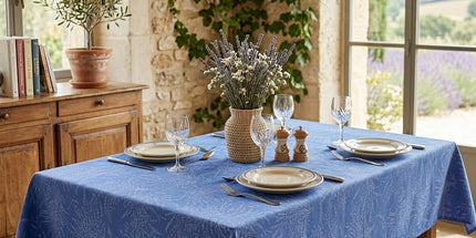 Nappe jacquard Bouquets de Provence motif lavande 250x180 cm sur table provençale