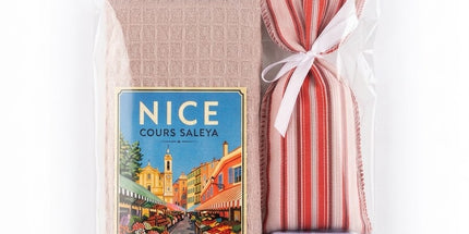 Coffret cadeau Nice Cours Saleya avec torchon nid d’abeille rose, savon et sachet de lavandin