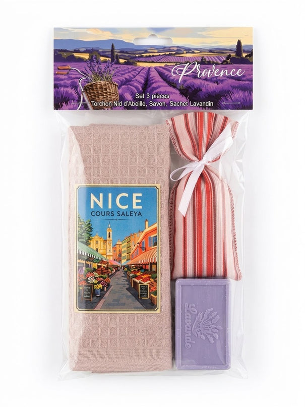 Coffret cadeau Nice Cours Saleya avec torchon nid d’abeille rose, savon et sachet de lavandin