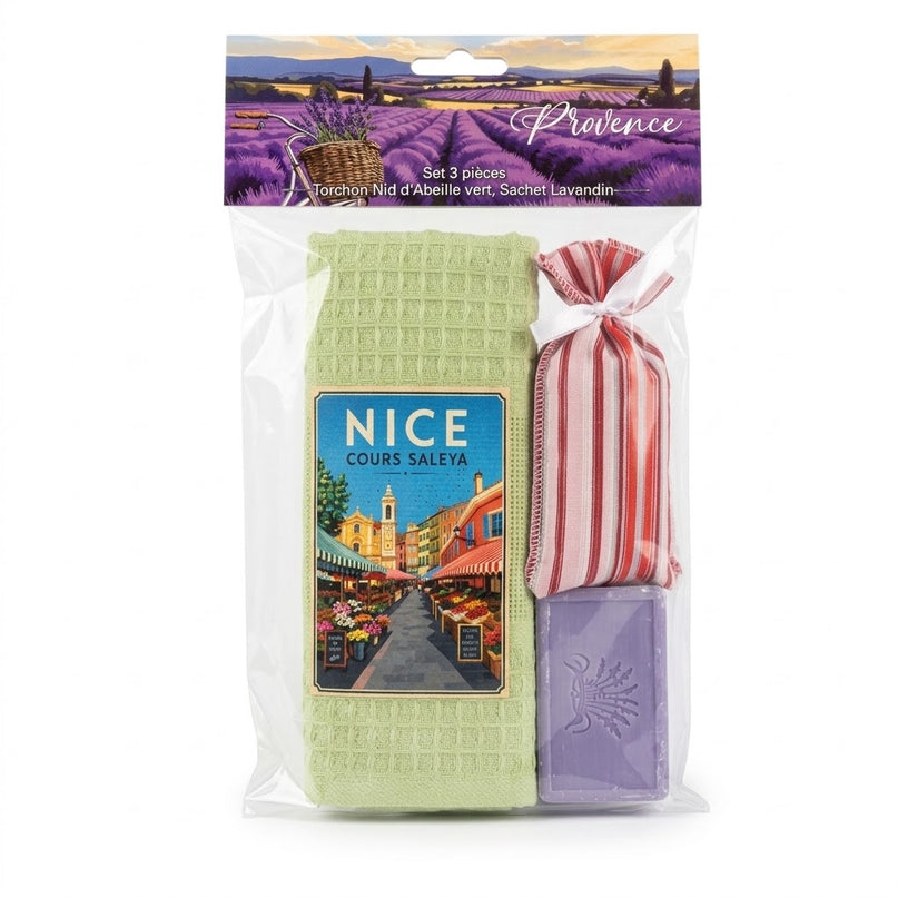 Coffret cadeau Nice Cours Saleya avec torchon nid d’abeille vert, savon et sachet de lavandin